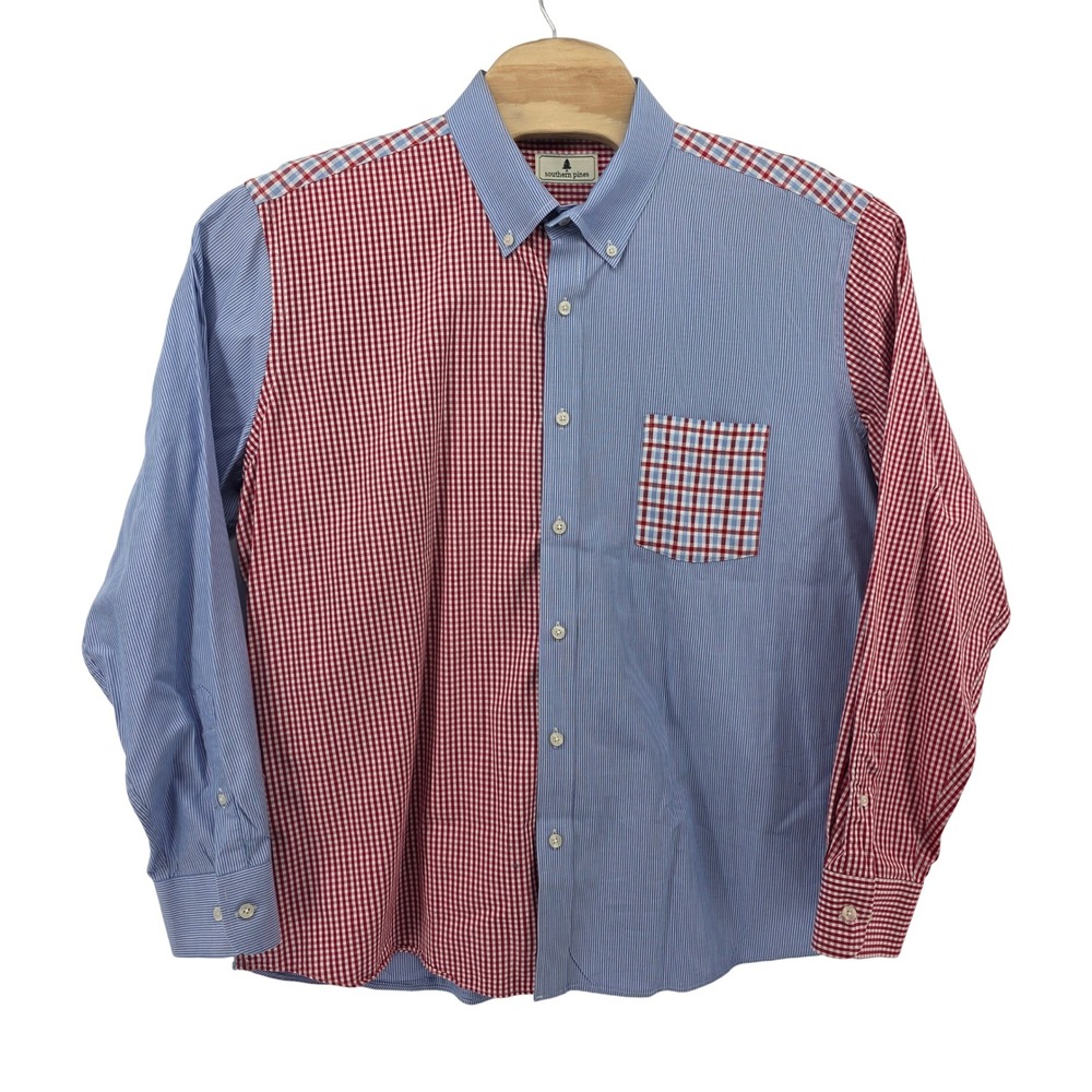 Southern Pines Mens XXL Patchwork Gingham Stripe Button Down Shirt Cotton Preppy